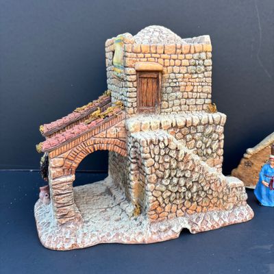 LOT 48: Dept 56 Little Town of Bethlehem - Town Gate, Gatekeeper's Dwelling and Holiday Time Nativity Accessory Pain Trees