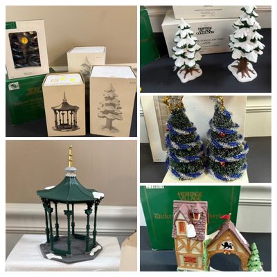 LOT 39: Dept 56 Holiday Accessories - Town Square Gazebo, Village Porcelain Pine Small and Large, Postern and Decorated Sisal Christmas...