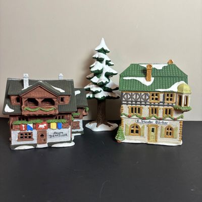 LOT 96: Dept 56 Alpine Village Series E. Staubr & Besson Bierkeller along with Porcelain Pine Tree