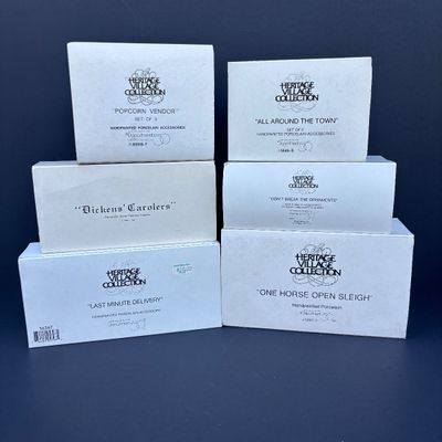 LOT 79: Dept 56 Accessories w/Original Boxes: Popcorn Vendor, Dickens' Carolers, Last Minute Delivery, All Around the Town,...