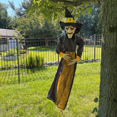 LOT 59: Halloween Inflatable Outdoor Lawn Decorations, Battery Operated Hanging Witch & Skelton