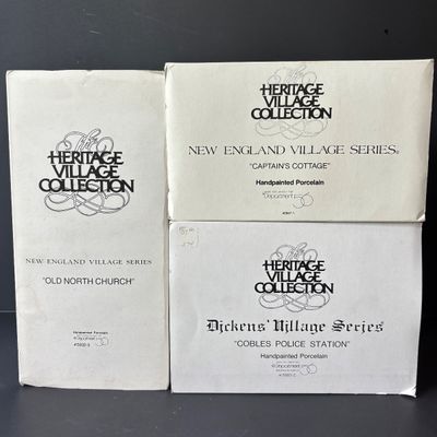 LOT 147: Dept 56 New England Series Old North Church & Captain's Cottage along with Dickens Series Coble Police Station