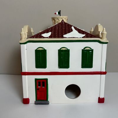 LOT 82: Dept 56 Snow Village Collection: Holly Brothers Garage, Pisa Pizza & Village Used Car Lot