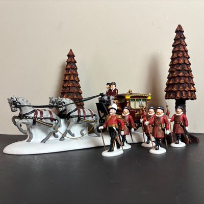 LOT 101: Dept 56 Accessories: Royal Coach, Yeomen of the Guard & Pine Cone Trees