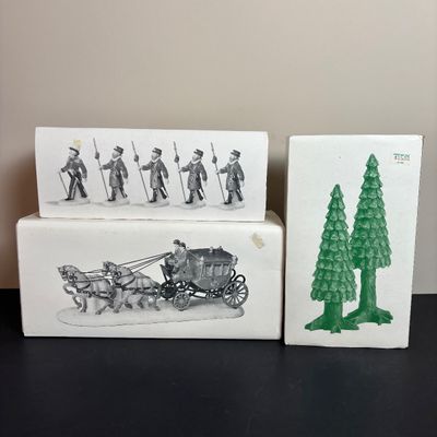 LOT 101: Dept 56 Accessories: Royal Coach, Yeomen of the Guard & Pine Cone Trees