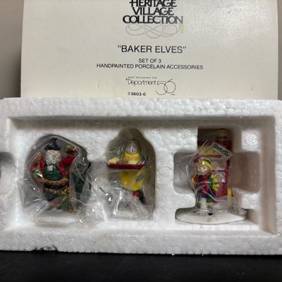 LOT 93: Dept 56 North Pole Series The Elf Spa & Heritage Collection Accessories: I'll Need More Toys, Baker Elves, Toy Maker...