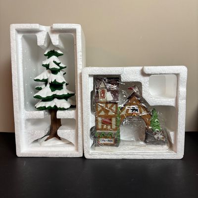 LOT 92: Dept 56 Dickens Village w/Original Boxes: Crooked Fence Cottage, Scrooge & Marley Counting House, Postern & Porcelain Tree