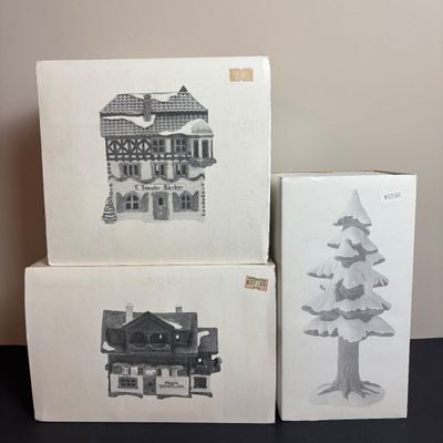 LOT 96: Dept 56 Alpine Village Series E. Staubr & Besson Bierkeller along with Porcelain Pine Tree