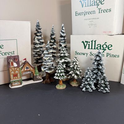 LOT 46: Dept 56 Holiday Village Accessories - Snowy Scotch Pines, Evergreen Trees, Pole Pine Tree, `Pole Pine Forest, and Postern