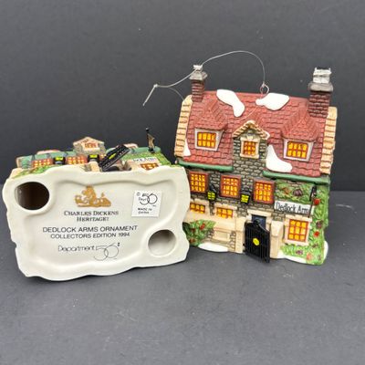 LOT 144: Dept 56 Charles Dickens Collector's Edition Ornaments Dedlock Arms (2) & Sir John Falstaff Inn (2), Oversized C9 Light...
