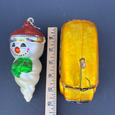 LOT 74: Dept 56 Hand Blown Mercury Glass Ornaments in Original Boxes - School Bus, Santa, Gingerbread Man & Snowman