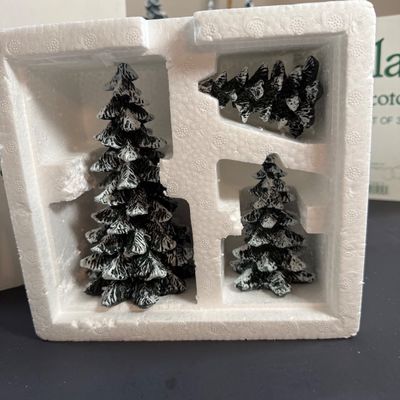 LOT 46: Dept 56 Holiday Village Accessories - Snowy Scotch Pines, Evergreen Trees, Pole Pine Tree, `Pole Pine Forest, and Postern