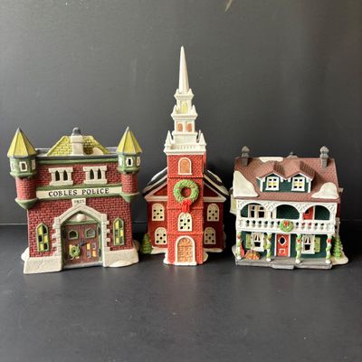 LOT 147: Dept 56 New England Series Old North Church & Captain's Cottage along with Dickens Series Coble Police Station