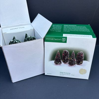 LOT 142: Village Accessories by Dept 56: Planning a Winter Vacation, Marshmallows Around the Campfire, Open Wide, Twinkling Lit Shrubs...
