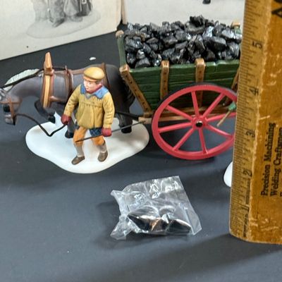 LOT 40: Dept 56 Holiday Accessories - Chelsea Market Hat Monger & Cart, One Horse Open Sleigh, Delivering Coal for the Hearth,...