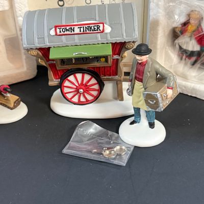LOT 41: Dept 56 Holiday Accessories - Town Tinker, Cobbler & Clock Peddler, Buying Baker's Bread, Alpine Villagers, Chelsea...