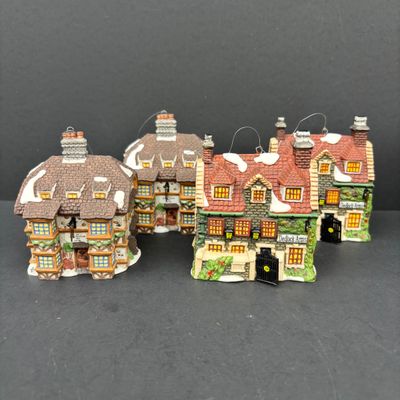 LOT 144: Dept 56 Charles Dickens Collector's Edition Ornaments Dedlock Arms (2) & Sir John Falstaff Inn (2), Oversized C9 Light...