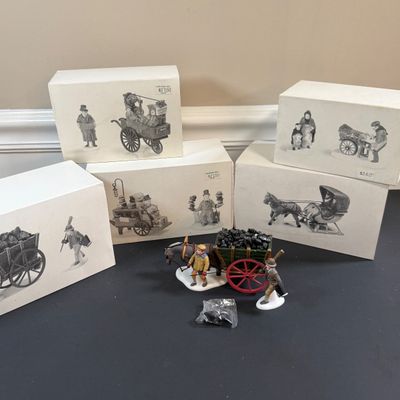 LOT 40: Dept 56 Holiday Accessories - Chelsea Market Hat Monger & Cart, One Horse Open Sleigh, Delivering Coal for the Hearth,...