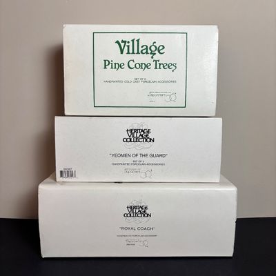 LOT 101: Dept 56 Accessories: Royal Coach, Yeomen of the Guard & Pine Cone Trees