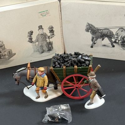 LOT 40: Dept 56 Holiday Accessories - Chelsea Market Hat Monger & Cart, One Horse Open Sleigh, Delivering Coal for the Hearth,...