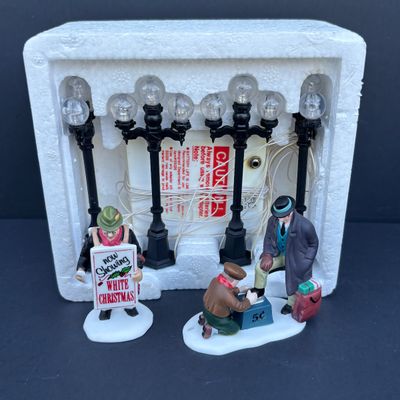 LOT 136: Dept 56 Village Accessories: Delivering the Christmas Tree, One Horse Open Sleigh, All Around Town, Transport & Popcorn Vendor