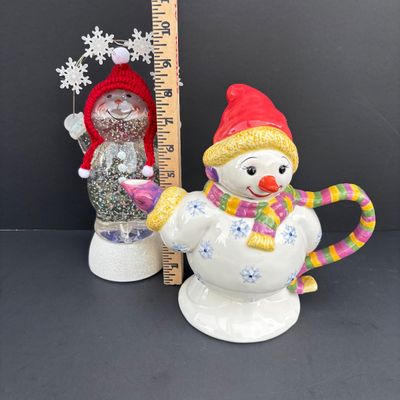 LOT 145: Traditions Holiday Celebrations Snowman Teapot by Christopher Radko, Hallmark Snowman's Land Ornament, Over-Sized Pinecone...