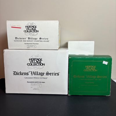 LOT 92: Dept 56 Dickens Village w/Original Boxes: Crooked Fence Cottage, Scrooge & Marley Counting House, Postern & Porcelain Tree