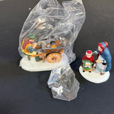 LOT 40: Dept 56 Holiday Accessories - Chelsea Market Hat Monger & Cart, One Horse Open Sleigh, Delivering Coal for the Hearth,...