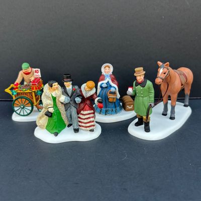LOT 140: Dept 56 Village Accessories: Animated Holiday Joy, Hot Roasted Chestnuts, Until We Meet Again & On To the Show