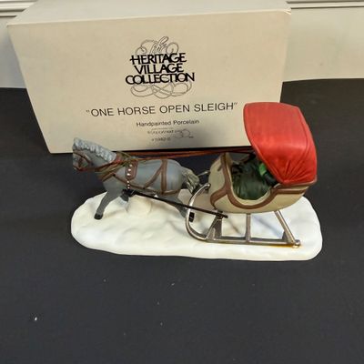 LOT 40: Dept 56 Holiday Accessories - Chelsea Market Hat Monger & Cart, One Horse Open Sleigh, Delivering Coal for the Hearth,...
