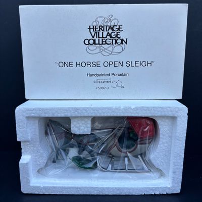 LOT 136: Dept 56 Village Accessories: Delivering the Christmas Tree, One Horse Open Sleigh, All Around Town, Transport & Popcorn Vendor