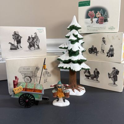 LOT 41: Dept 56 Holiday Accessories - Town Tinker, Cobbler & Clock Peddler, Buying Baker's Bread, Alpine Villagers, Chelsea...