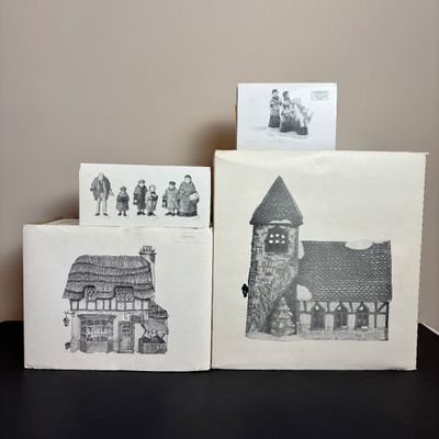 LOT 86: Dept 56 Heritage Village Collection: Choirboys All in a Row, Carolers on the Doorstep & Dickens Series Village Church &...