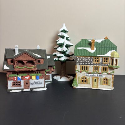 LOT 96: Dept 56 Alpine Village Series E. Staubr & Besson Bierkeller along with Porcelain Pine Tree