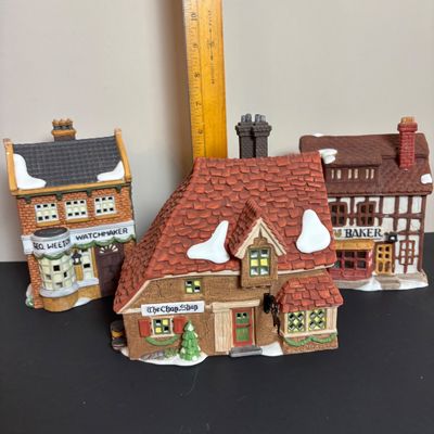LOT 88: Dept 56 Dickens Village Houses w/Original Boxes: The Chop Shop, Geo Weeton Watchmaker & Golden Swan Baker