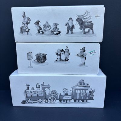 LOT 80: Dept 56 Accessories w/Original Boxes: Snow Cone Elves, Santa's Little Helpers, North Pole Express, Wrought Iron Fence, Candy...
