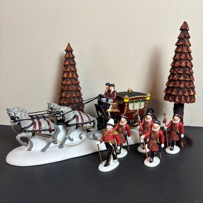 LOT 101: Dept 56 Accessories: Royal Coach, Yeomen of the Guard & Pine Cone Trees