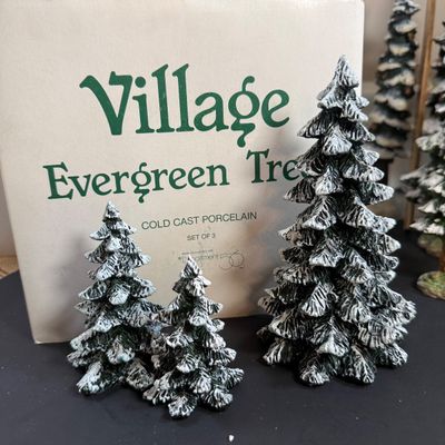 LOT 46: Dept 56 Holiday Village Accessories - Snowy Scotch Pines, Evergreen Trees, Pole Pine Tree, `Pole Pine Forest, and Postern