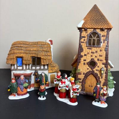 LOT 86: Dept 56 Heritage Village Collection: Choirboys All in a Row, Carolers on the Doorstep & Dickens Series Village Church &...