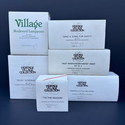 LOT 77: Dept 56 Accessories w/Original Boxes: Boulevard Lampposts, Busy Sidewalk, Tis the Season, Santa's Little Helpers, Sing a...