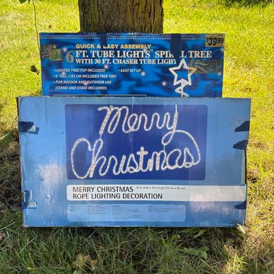 LOT 63: Christmas Holiday Outdoor Inflatable Decoration, 6ft Tube Light Spiral Tree & Rope Lightening Decoration