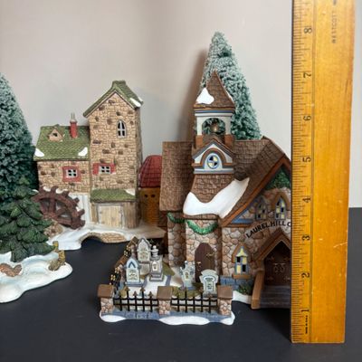 LOT 94: Dept 56 Limited Edition 1681 of 2500 Dickens Village Mill, New England Series Laurel Hill Church & Accessories