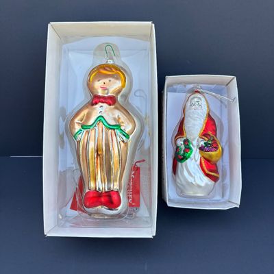 LOT 74: Dept 56 Hand Blown Mercury Glass Ornaments in Original Boxes - School Bus, Santa, Gingerbread Man & Snowman