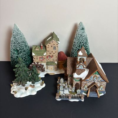LOT 94: Dept 56 Limited Edition 1681 of 2500 Dickens Village Mill, New England Series Laurel Hill Church & Accessories