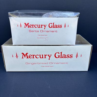 LOT 74: Dept 56 Hand Blown Mercury Glass Ornaments in Original Boxes - School Bus, Santa, Gingerbread Man & Snowman