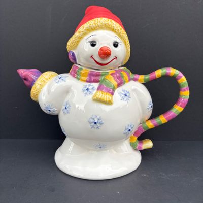 LOT 145: Traditions Holiday Celebrations Snowman Teapot by Christopher Radko, Hallmark Snowman's Land Ornament, Over-Sized Pinecone...
