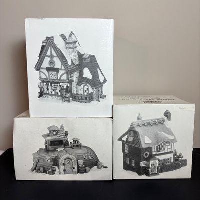 LOT 87: Dept 56 Dickens Village Houses w/Original Boxes: Leacock Poultry, Peggotty's Seaside Cottage, Betsy Trotwood's Cottage