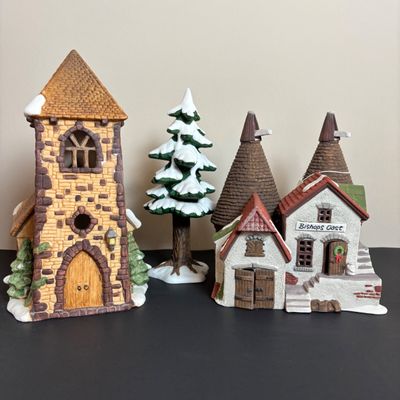 LOT 83: Dept 56 Heritage Village Collection Dickens Village Series: Village Church & Bishop Oast House & Village Porcelain Pine Tree