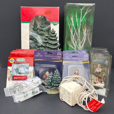LOT 146: Assorted Christmas Village Accessories, Trees, Figures & Power Adapter