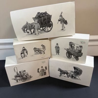 LOT 40: Dept 56 Holiday Accessories - Chelsea Market Hat Monger & Cart, One Horse Open Sleigh, Delivering Coal for the Hearth,...